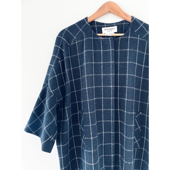 HELENE BERMAN LONDON 🍁 WOOL BLEND KIMONO COAT NAVY & WHITE LARGE CHECK - Picture 11 of 15